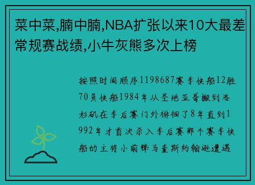 菜中菜,腩中腩,NBA扩张以来10大最差常规赛战绩,小牛灰熊多次上榜