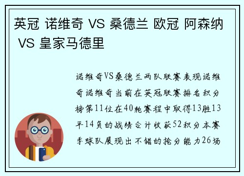 英冠 诺维奇 VS 桑德兰 欧冠 阿森纳 VS 皇家马德里